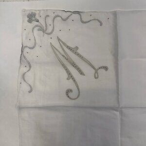 Vintage Monogram M Embroidered Wedding Handkerchief Floral 16”